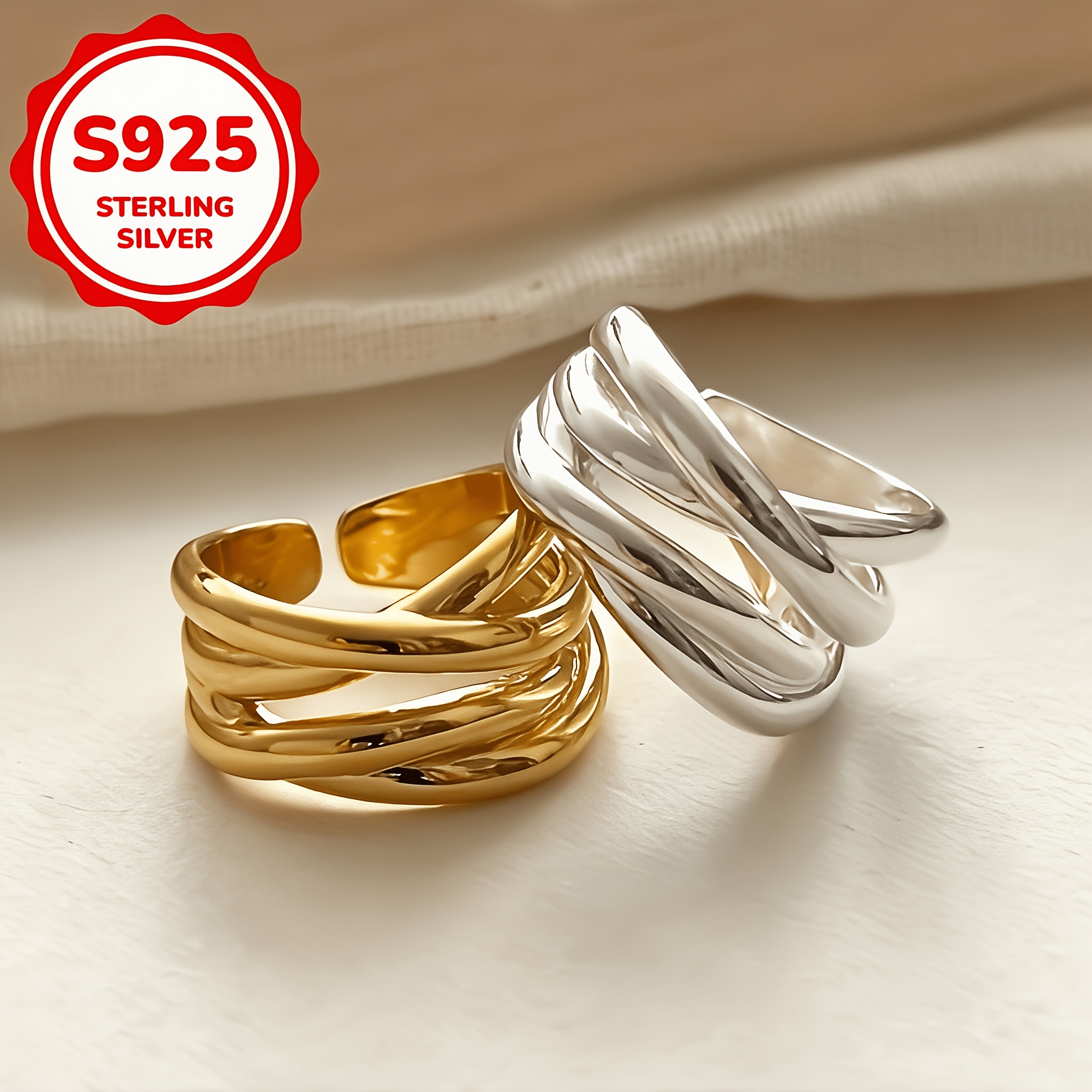 925 Silver Crossed Openwork Adjustable Ring, Gift for Couples